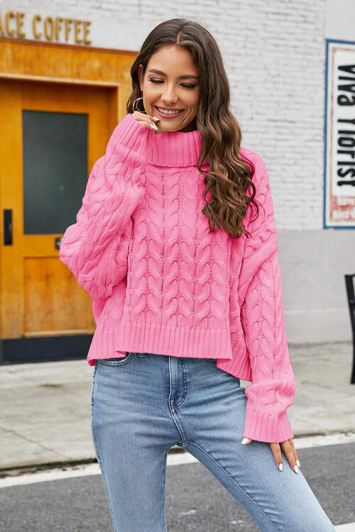 Turtleneck Cable-Knit Long Sleeve Sweater