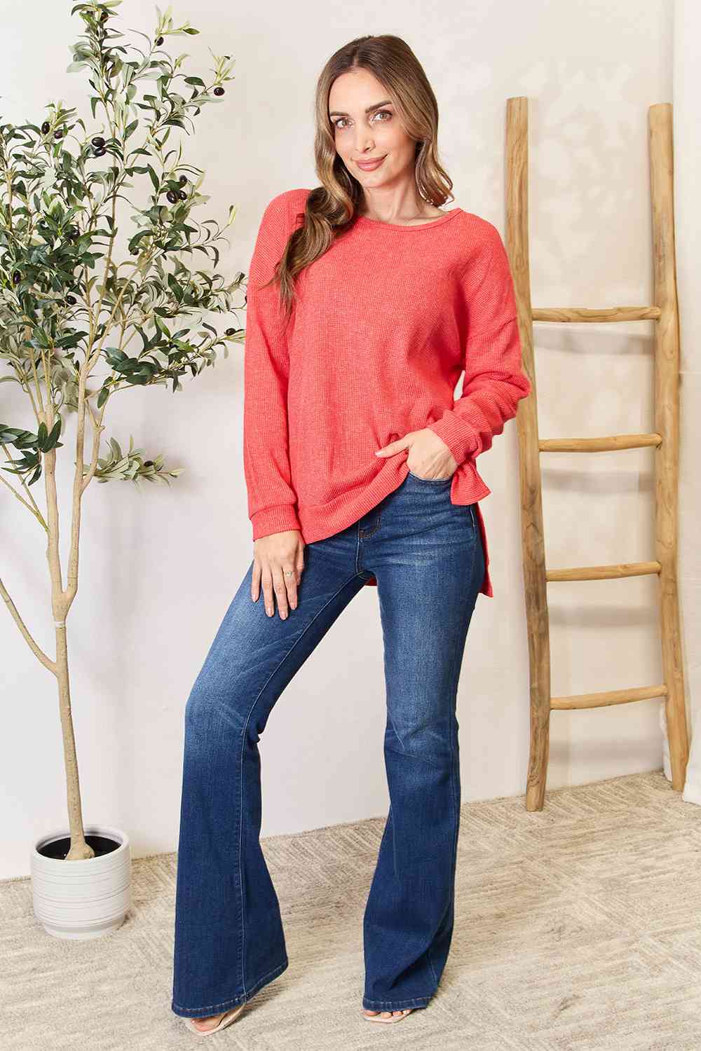 Round Neck Drop Shoulder Slit Sweatshirt