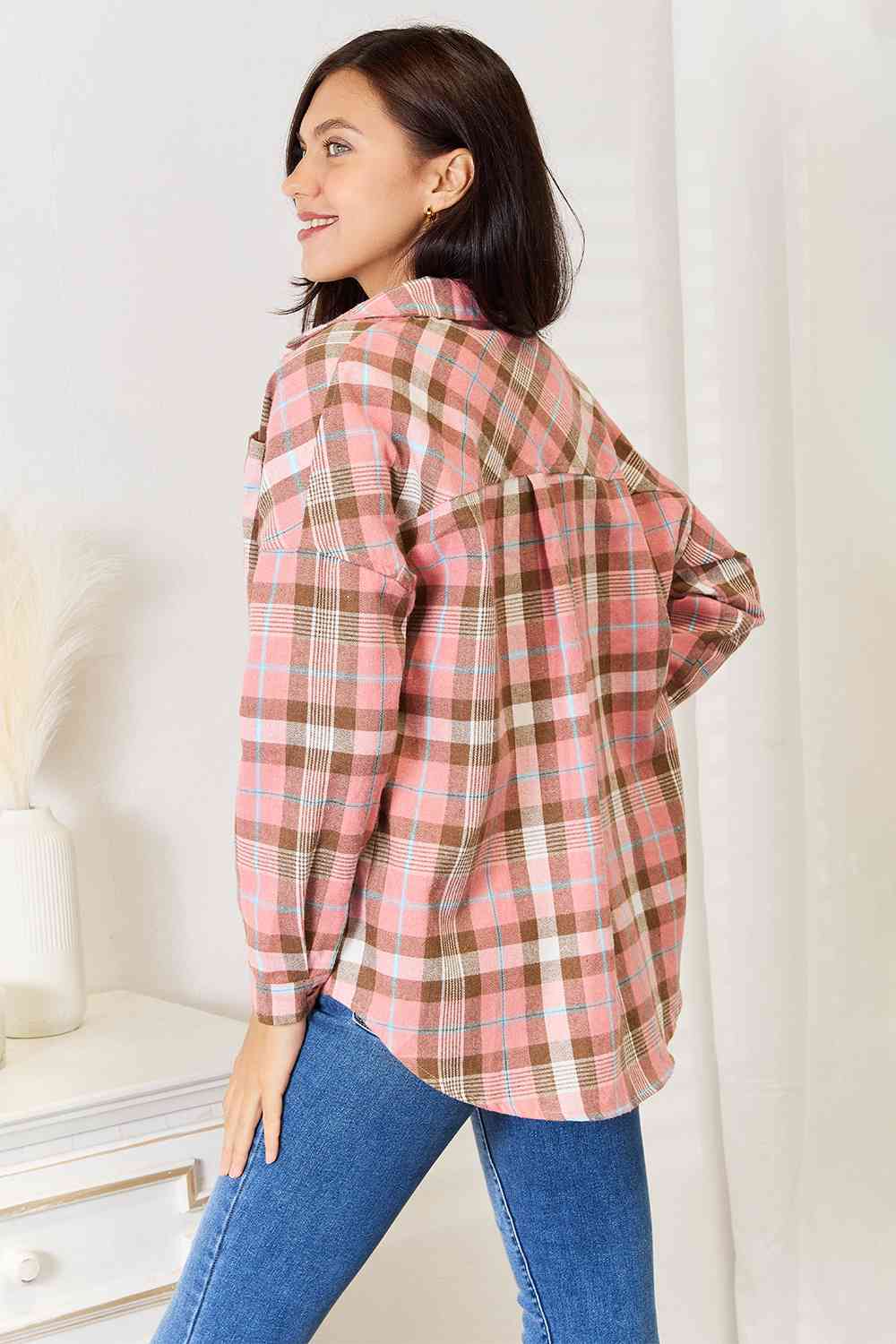 Plaid Collared Neck Long Sleeve Button-Up Shirt