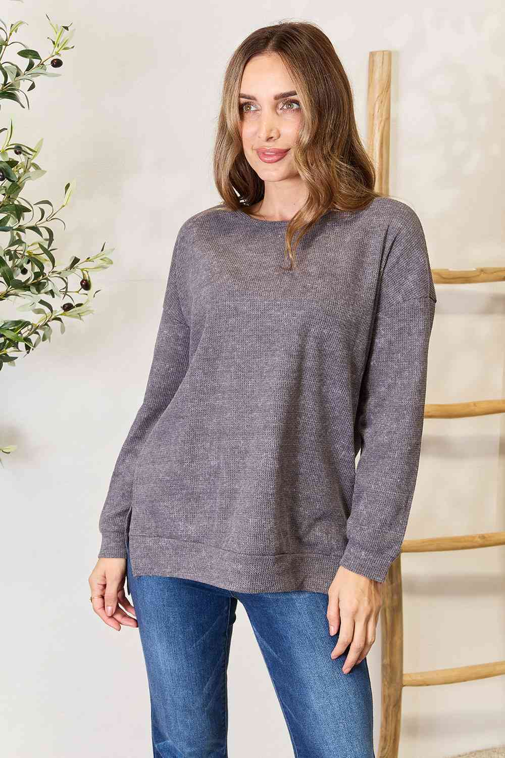 Round Neck Drop Shoulder Slit Sweatshirt